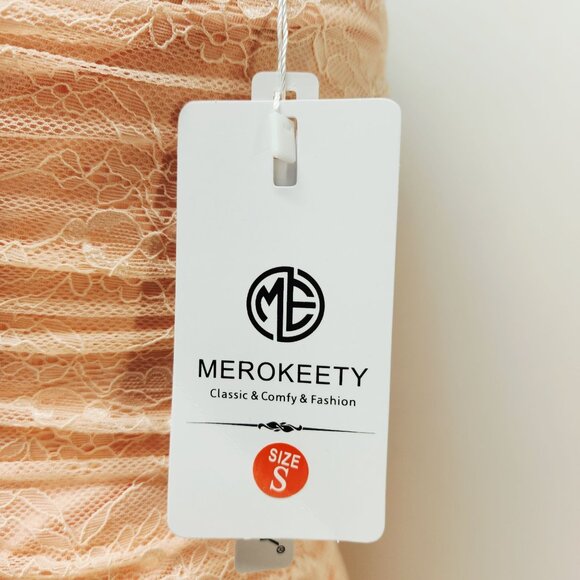 Strapless Peach Lace Midi Dress With Ruched Details & Ruffle Hem Size S - Picture 2 of 12